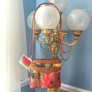 Brand New Koltov Collection Floral Crossbody Purse Adjustable Strap Camel Trim